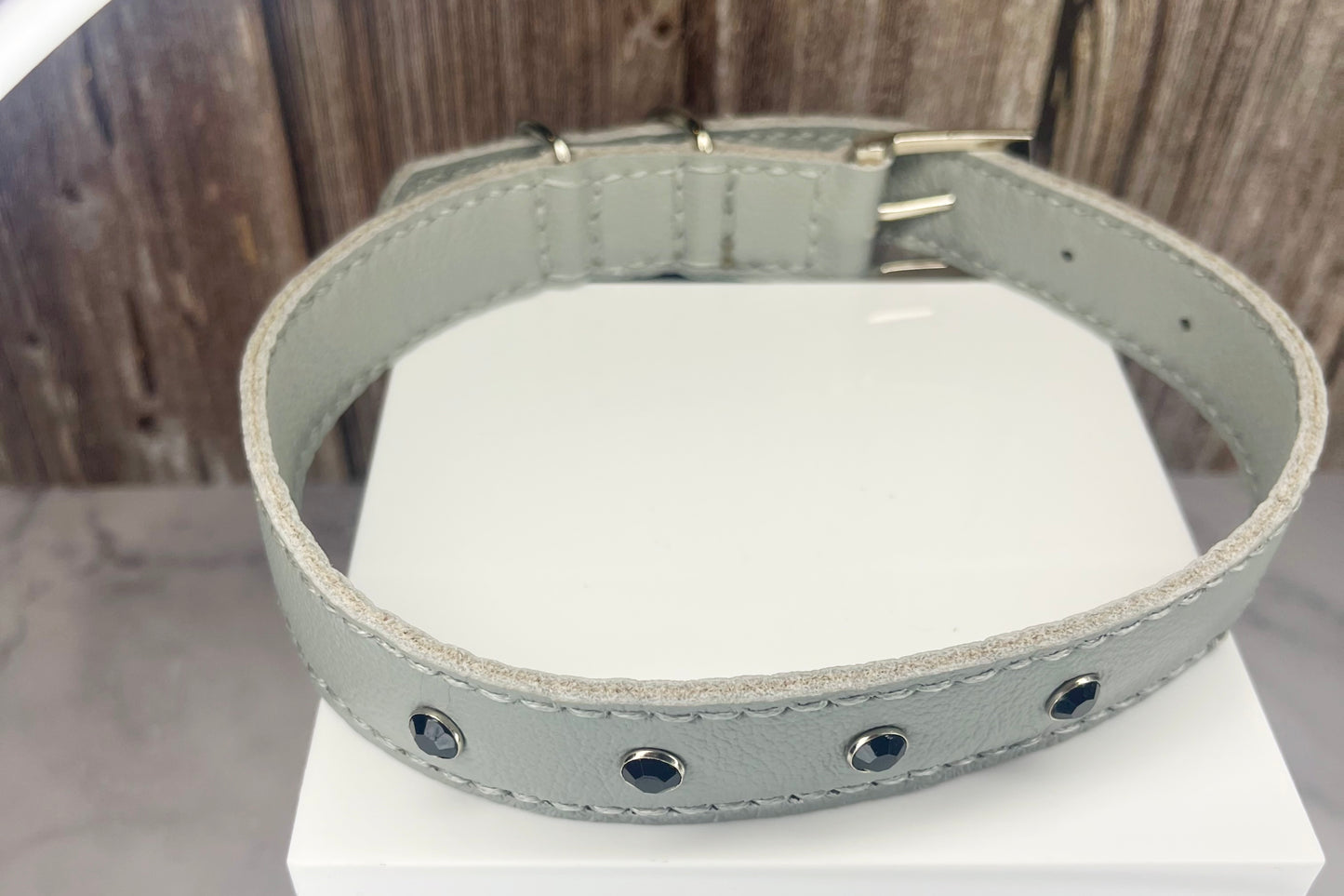 Large Grey Leather Collar with Black Diamante