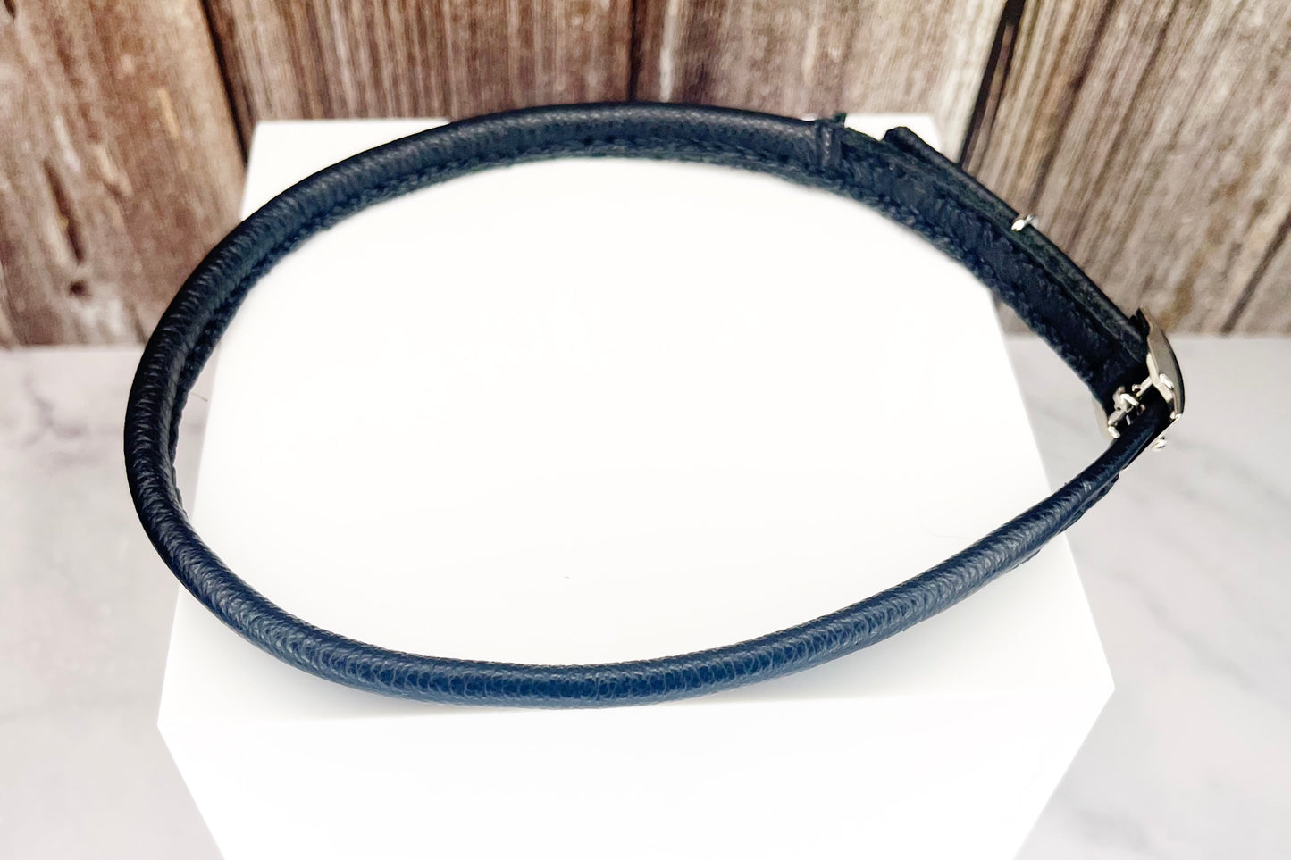 Thin Rolled Black Leather Dog Collar