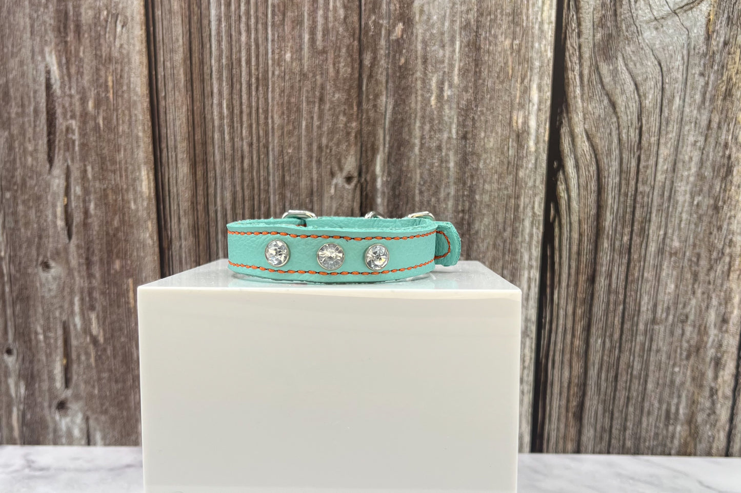 Aqua Green Leather Collar with Clear gem rivets