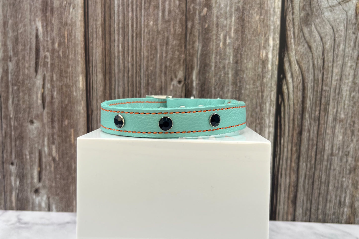 Aqua Green Leather Collar with Black Gem Rivets