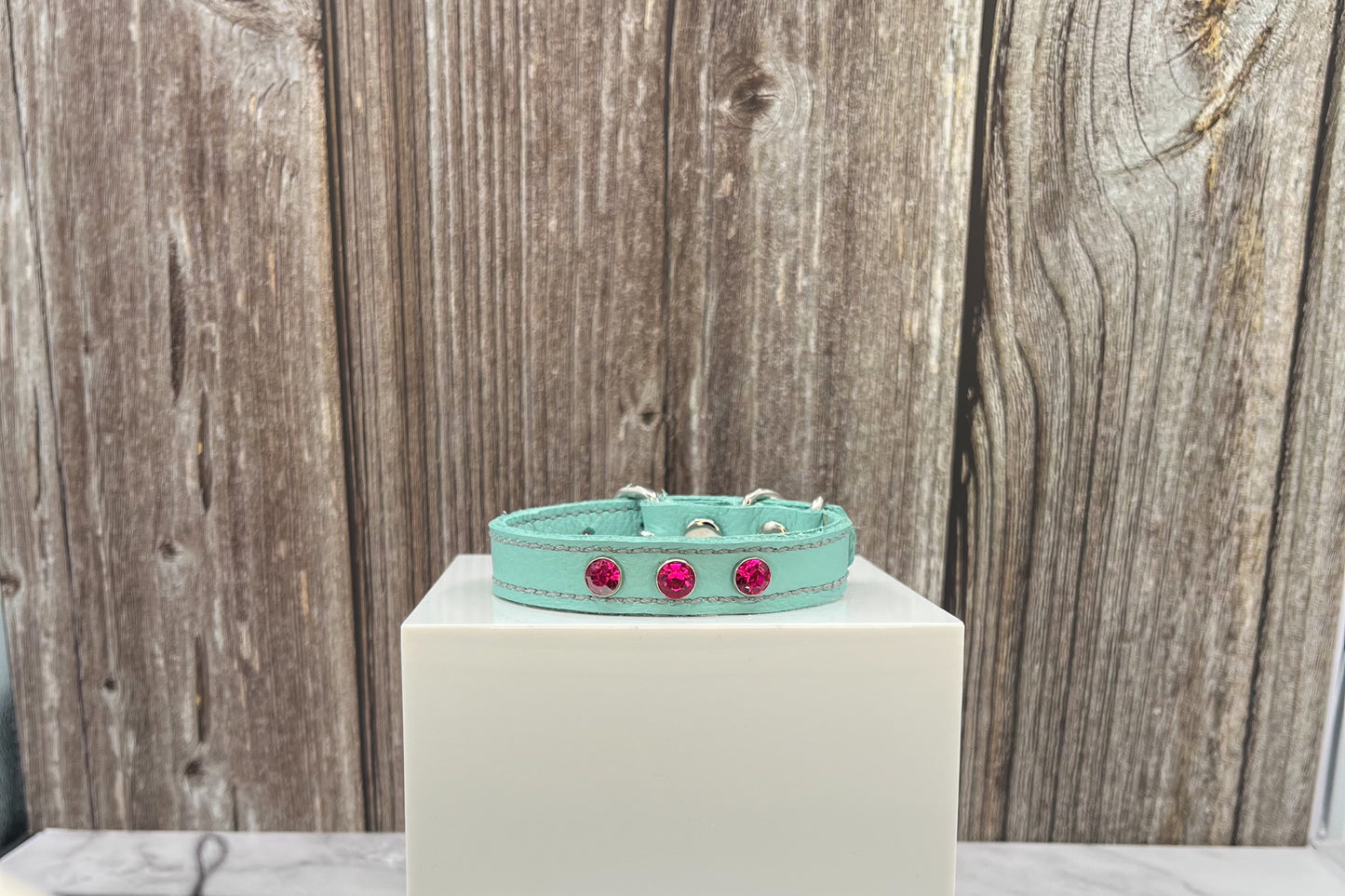 Aqua Green Leather Collar with Hot Pink gem rivets