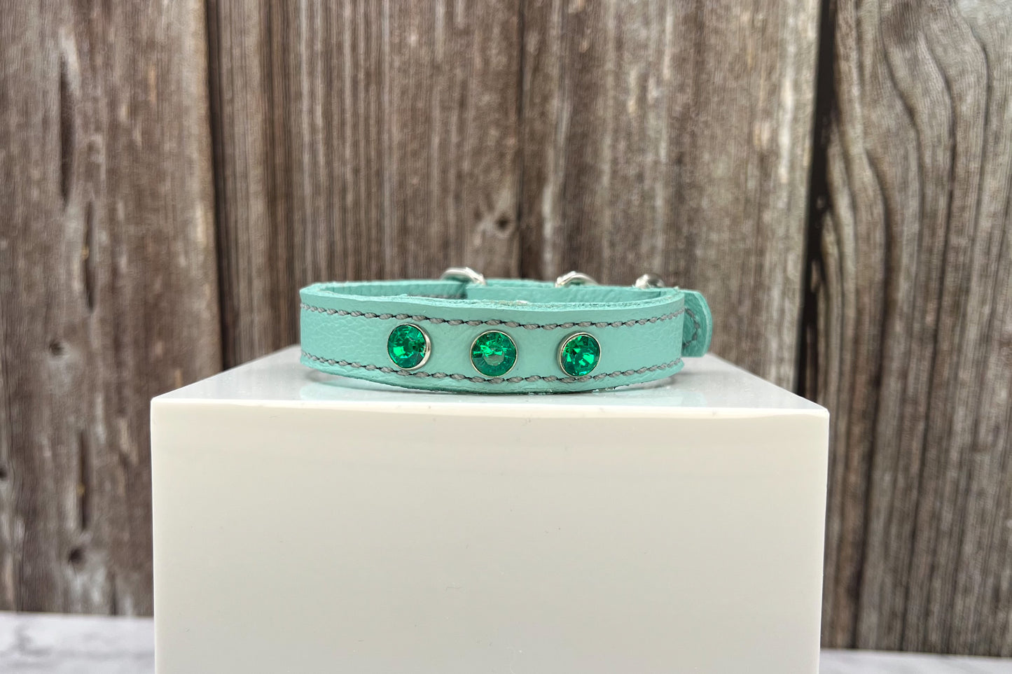Aqua Green Leather Collar with Jade Green gem rivets
