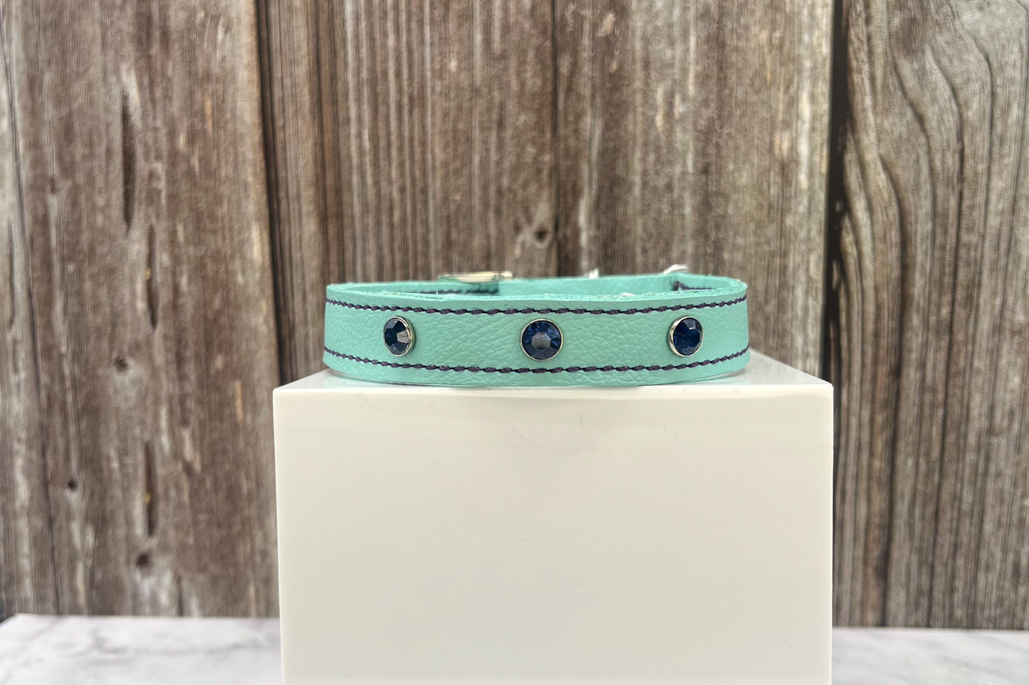 Aqua Green Leather Collar with Midnight Blue Gem Rivets