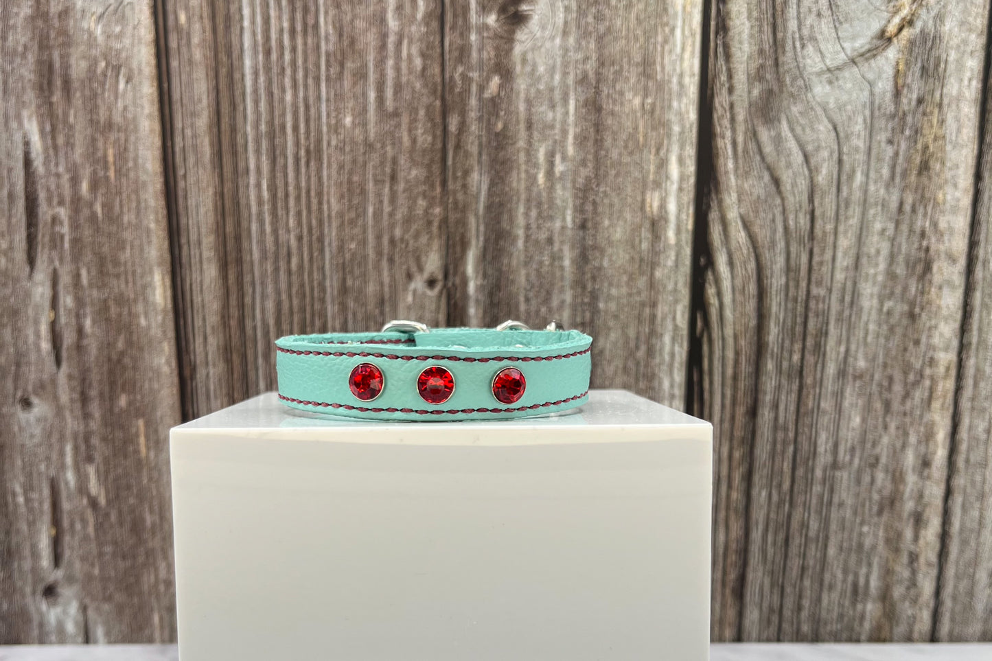 Aqua Green Leather Collar with Red gem rivets
