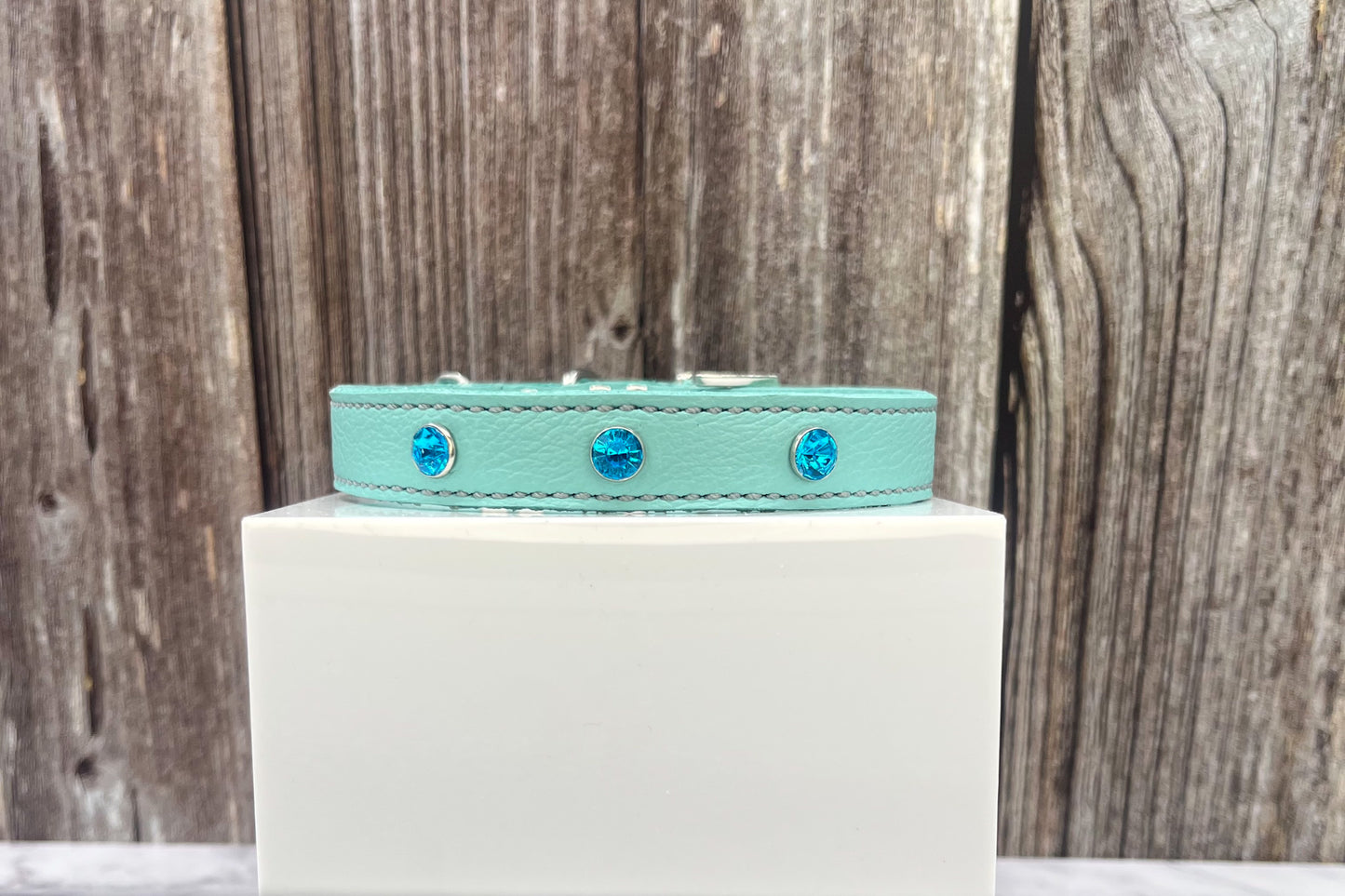 Aqua Green Leather Collar with Turquoise Gem Rivets