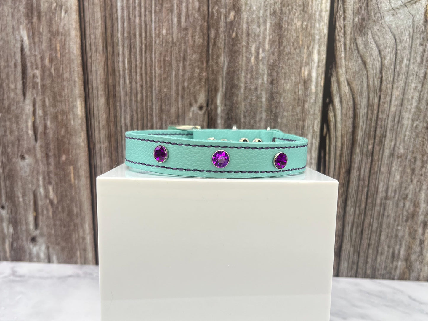 Aqua Green Leather Collar with Violet Rivets