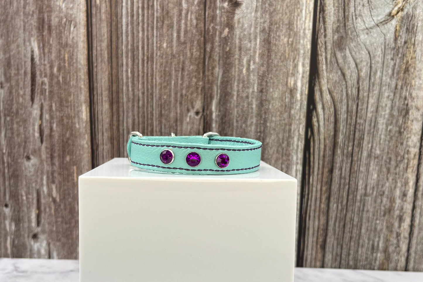 Extra Small Aqua Green Leather Collar with Violet gem rivets