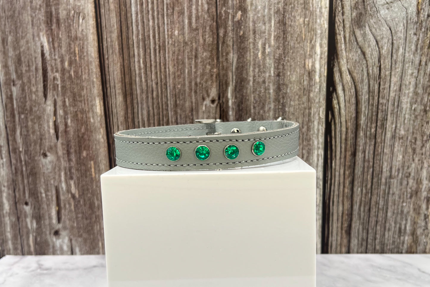 Grey Leather Collar with Jade Green Rivets