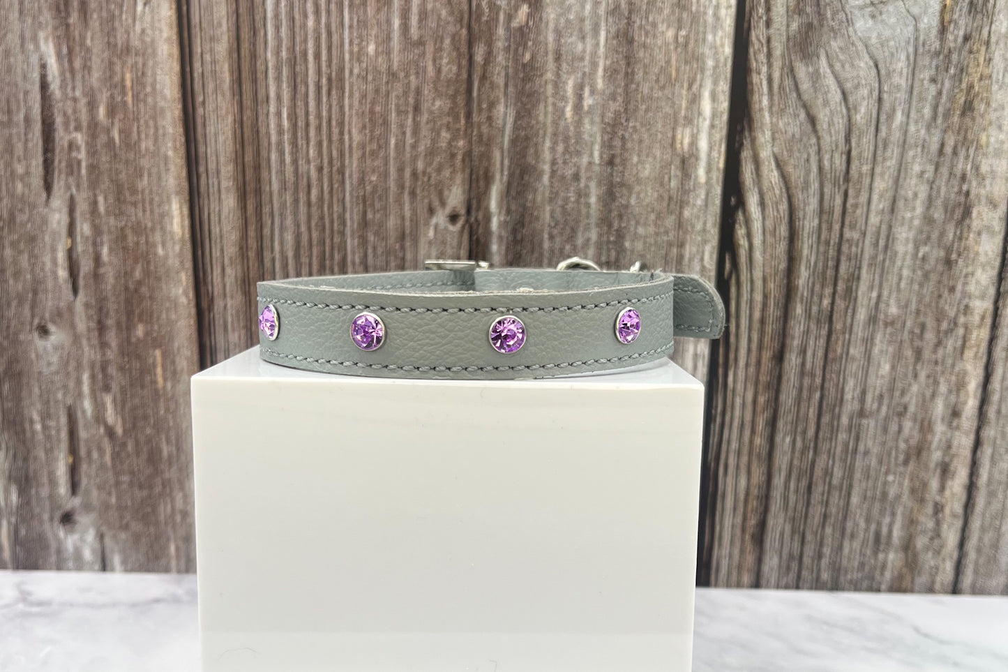 Grey Leather Collar with Lilac Gem Rivets