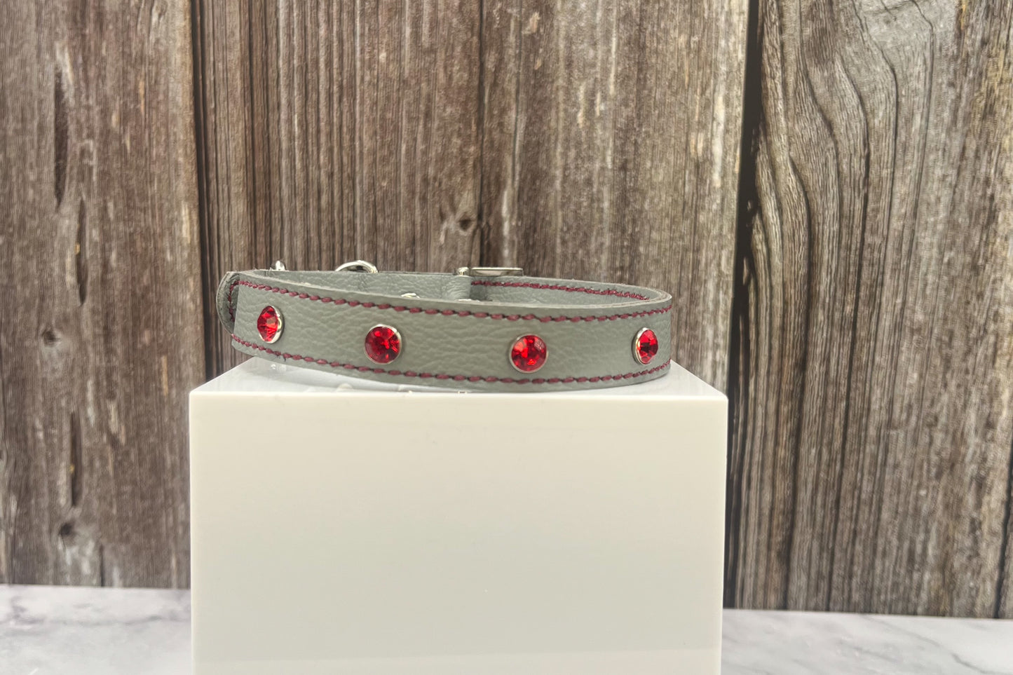 Grey Leather Collar wtih Red Gem Rivets