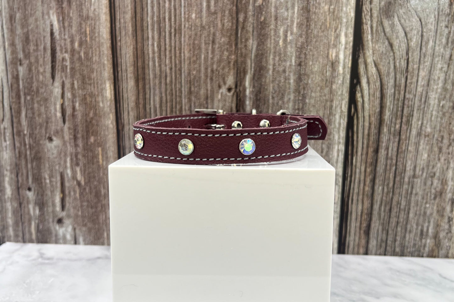 Small Red Leather Collar with AB Gem Rivets