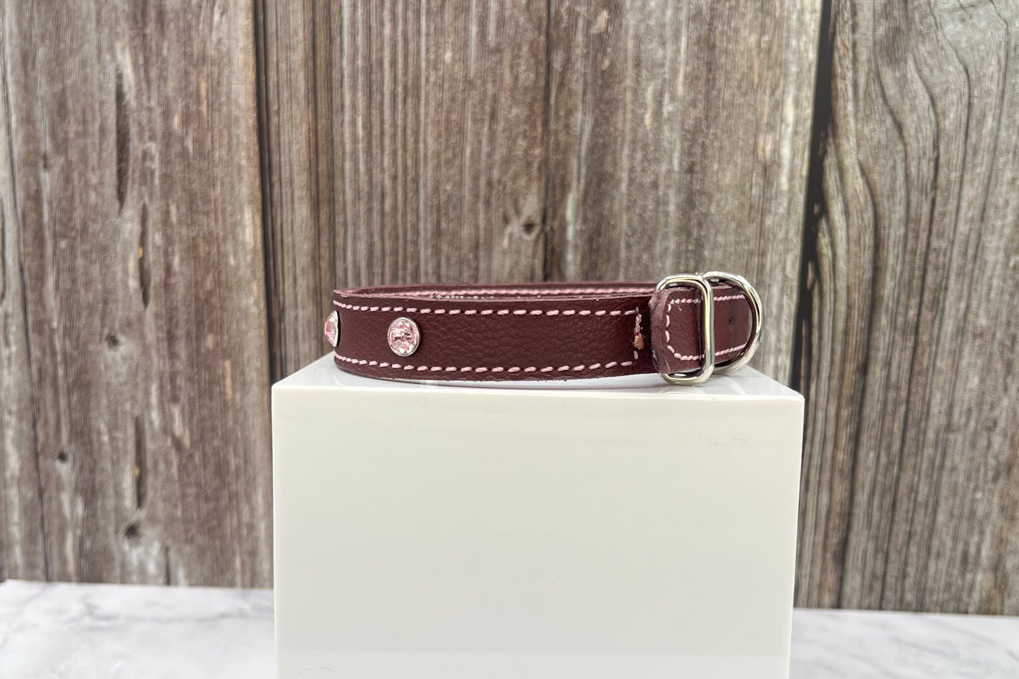 Small Red Leather Collar with Light Pink Gem Rivets
