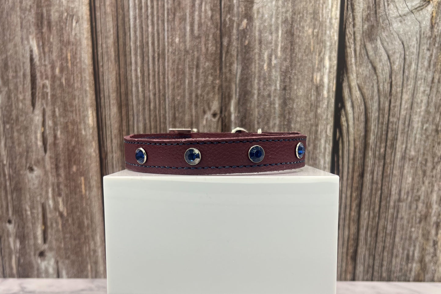 Red Leather Collar with Midnight Blue Gem Rivets
