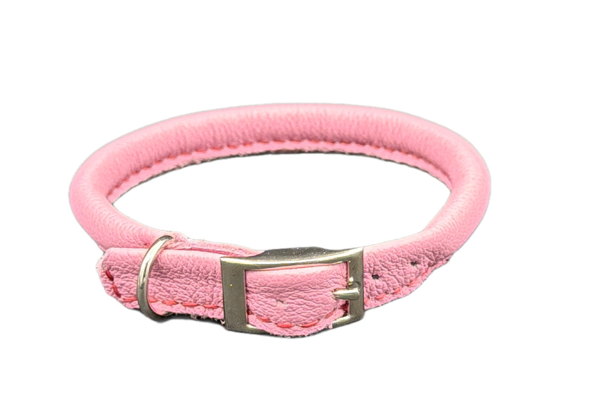 Thick Pink Leather Rolled Collar with Dark Red Stitching