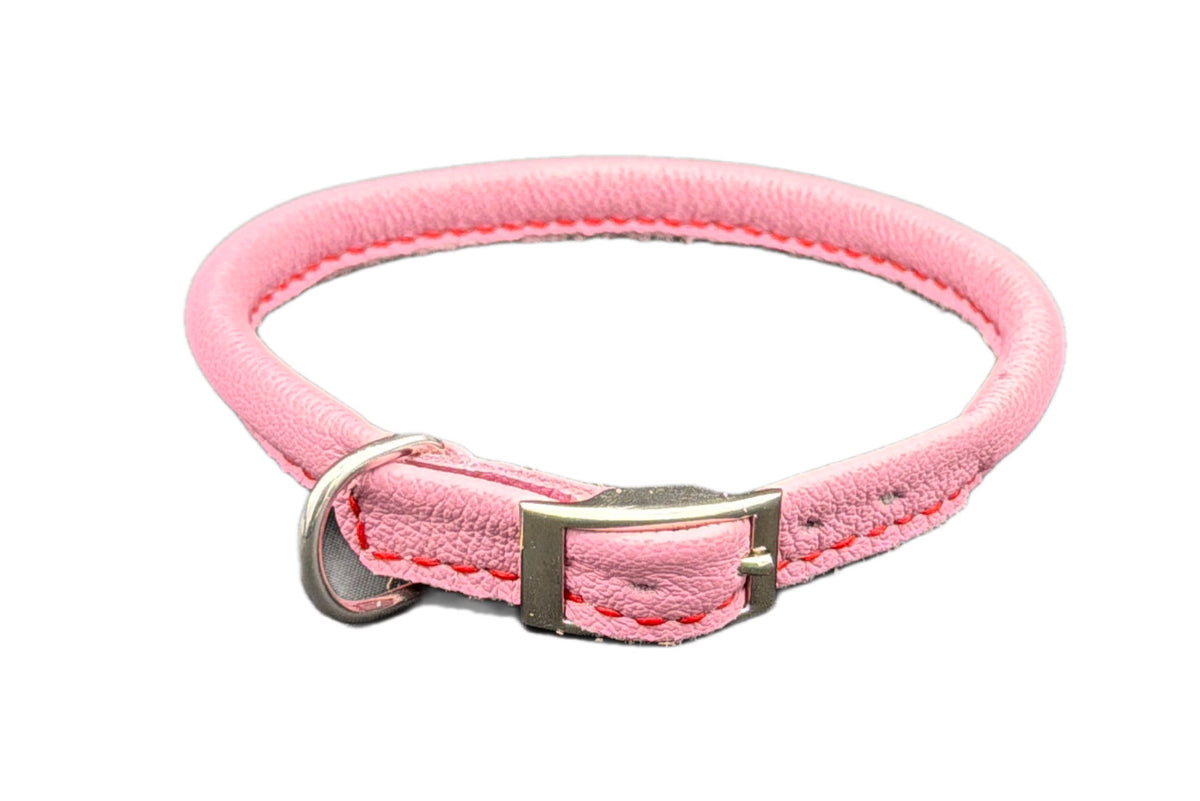 Thick Pink Leather Rolled Collar with Red Stitching