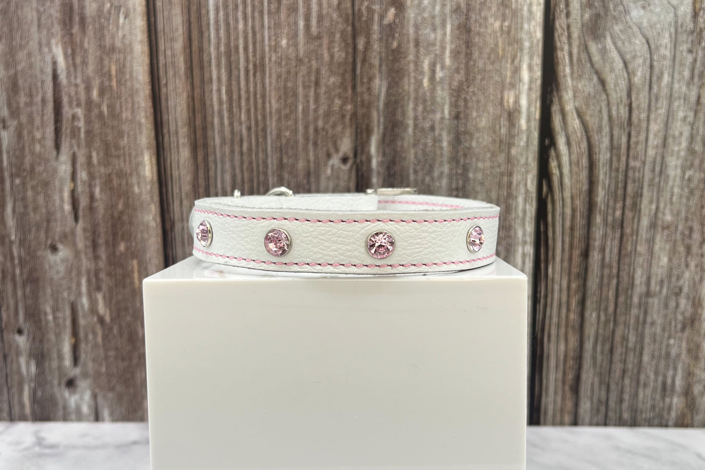 White Leather Collar with Light Pink Gem Rivets