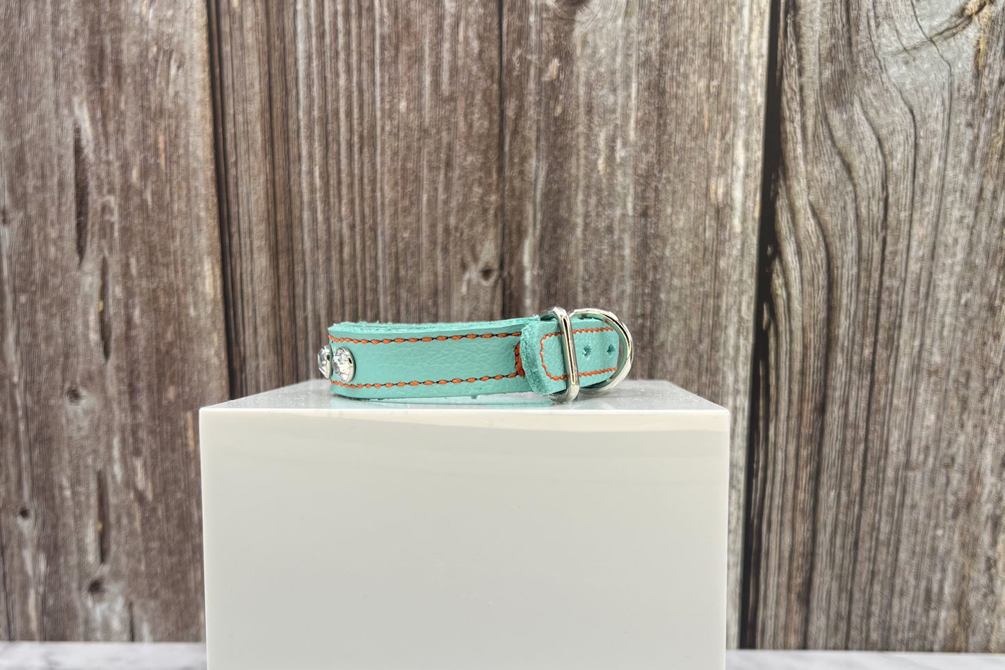 Aqua Green Leather Collar with Clear gem rivets