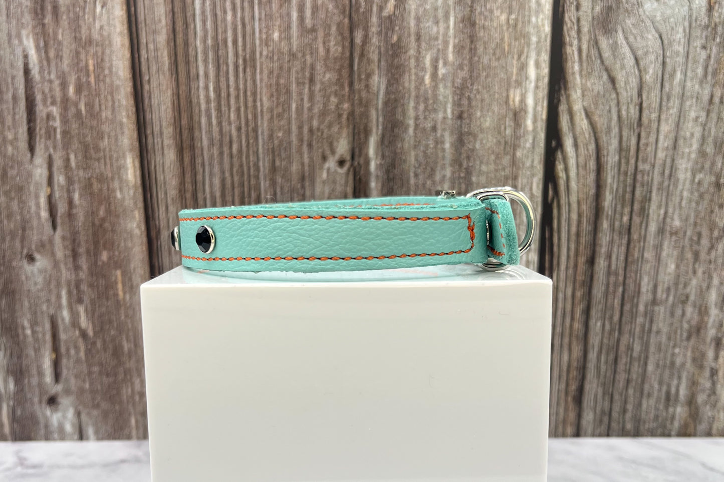 Aqua Green Leather Collar with Black Gem Rivets