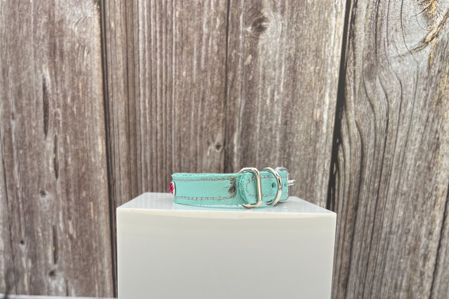Aqua Green Leather Collar with Hot Pink gem rivets