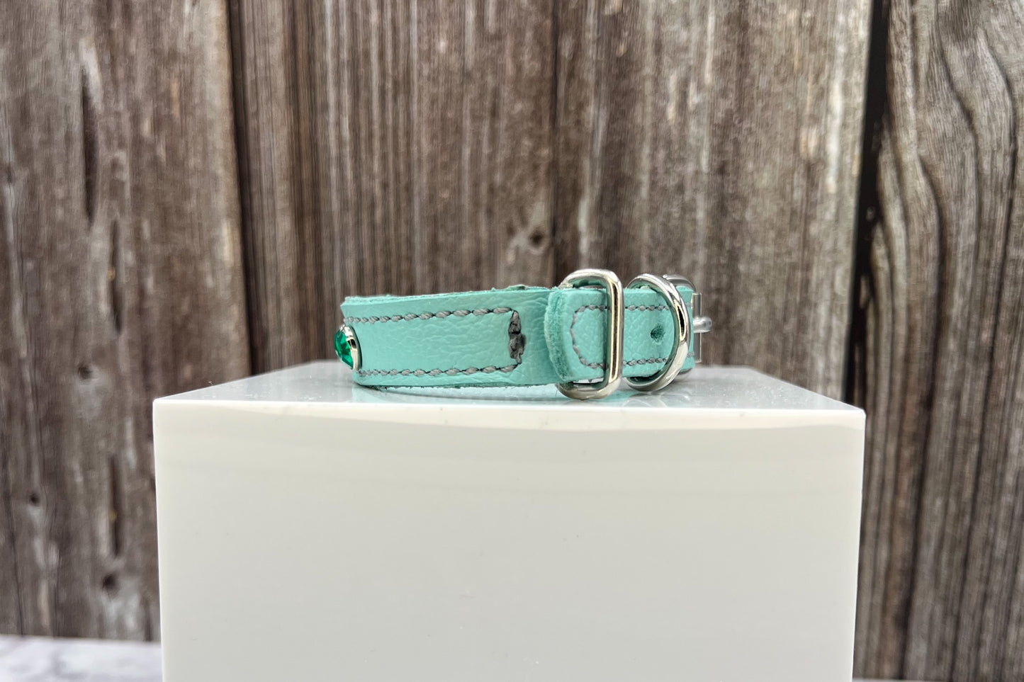 Aqua Green Leather Collar with Jade Green gem rivets