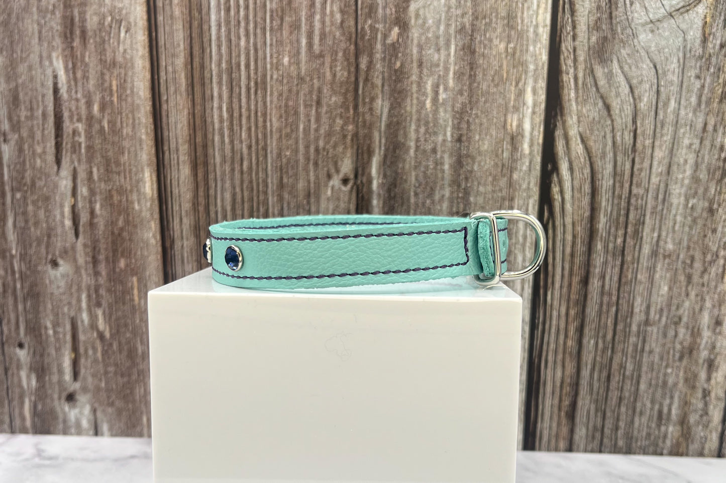 Aqua Green Leather Collar with Midnight Blue Gem Rivets