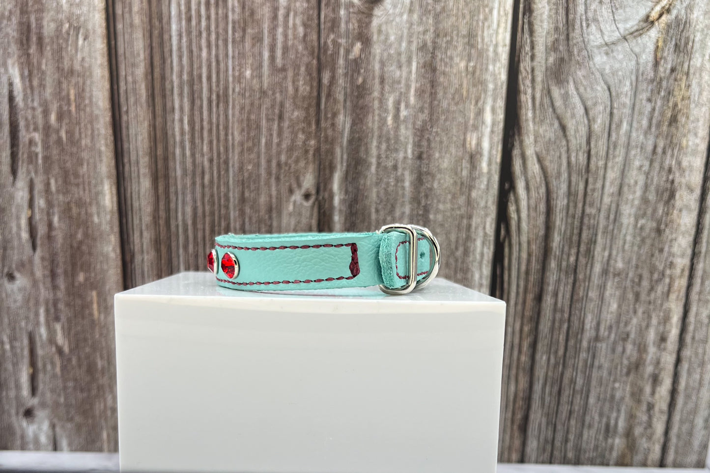 Aqua Green Leather Collar with Red gem rivets