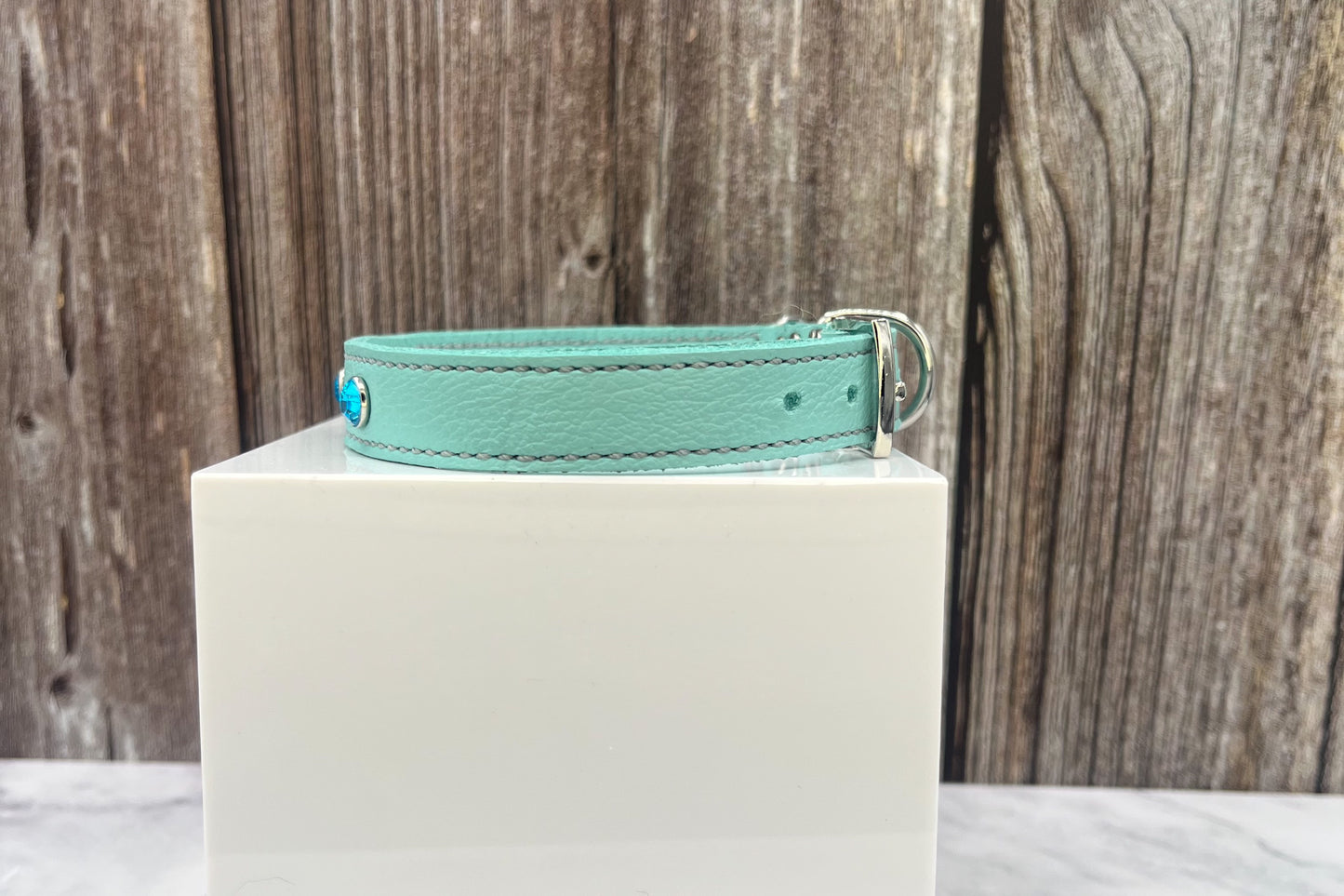 Aqua Green Leather Collar with Turquoise Gem Rivets