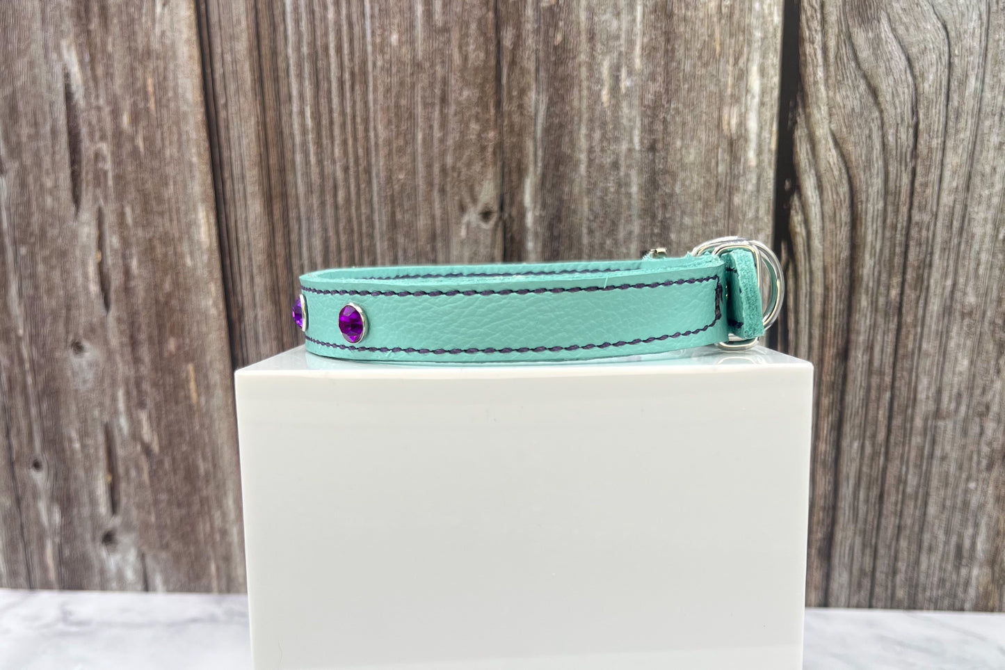 Aqua Green Leather Collar with Violet Rivets