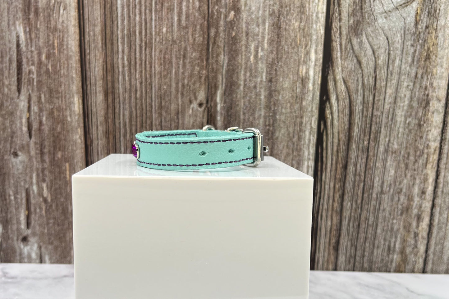 Extra Small Aqua Green Leather Collar with Violet gem rivets