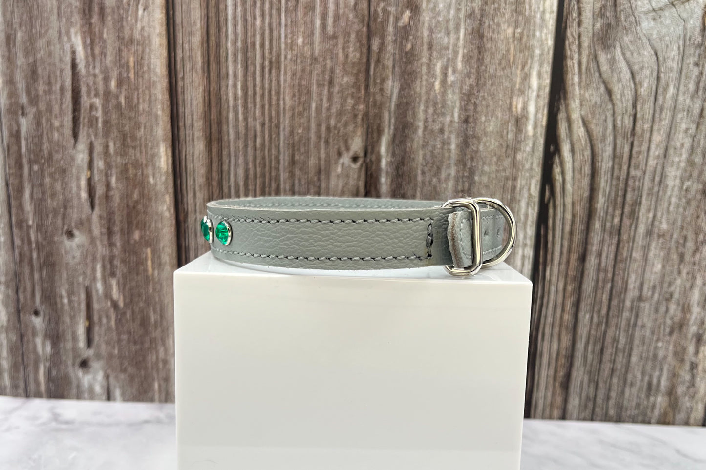 Grey Leather Collar with Jade Green Rivets