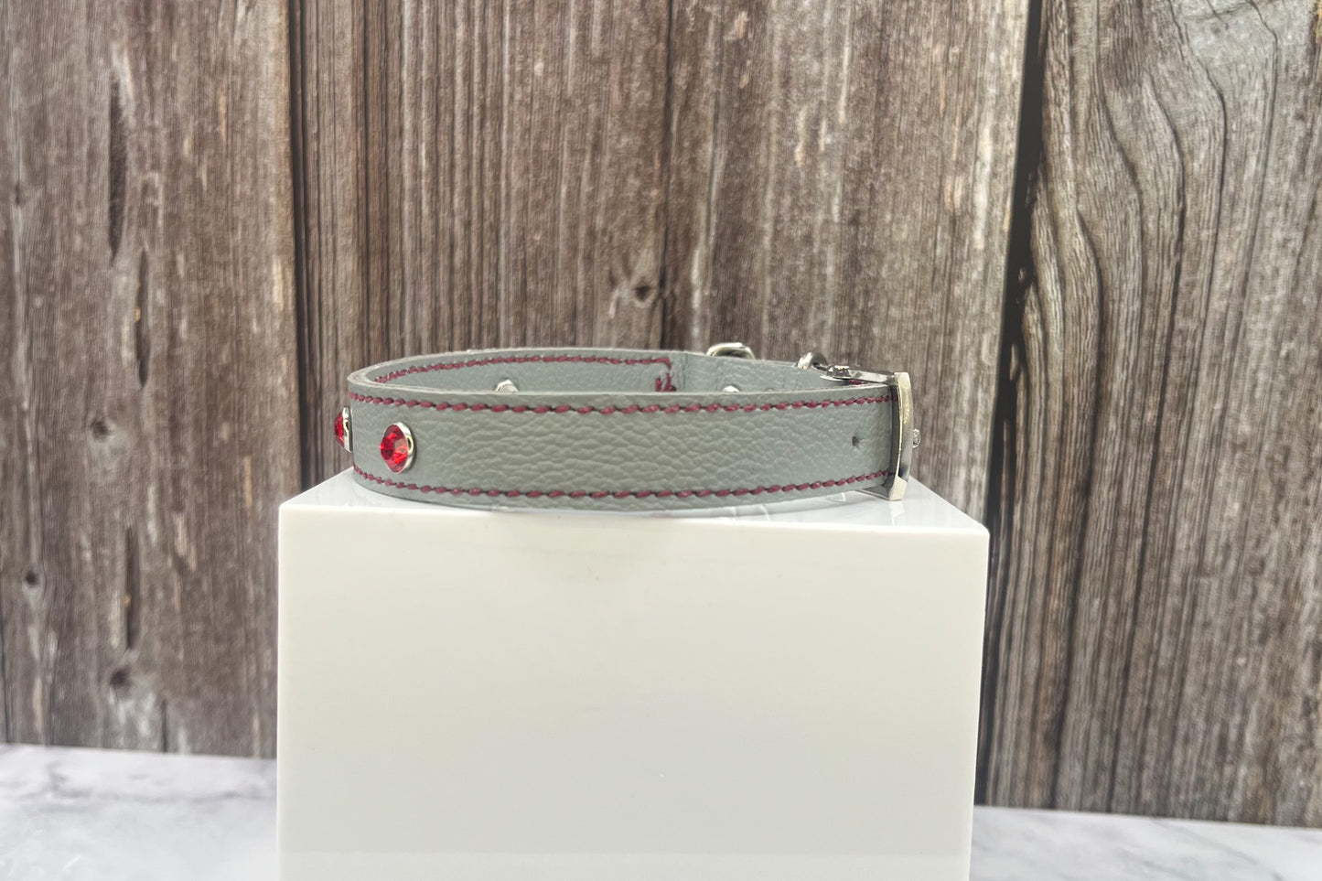 Grey Leather Collar wtih Red Gem Rivets