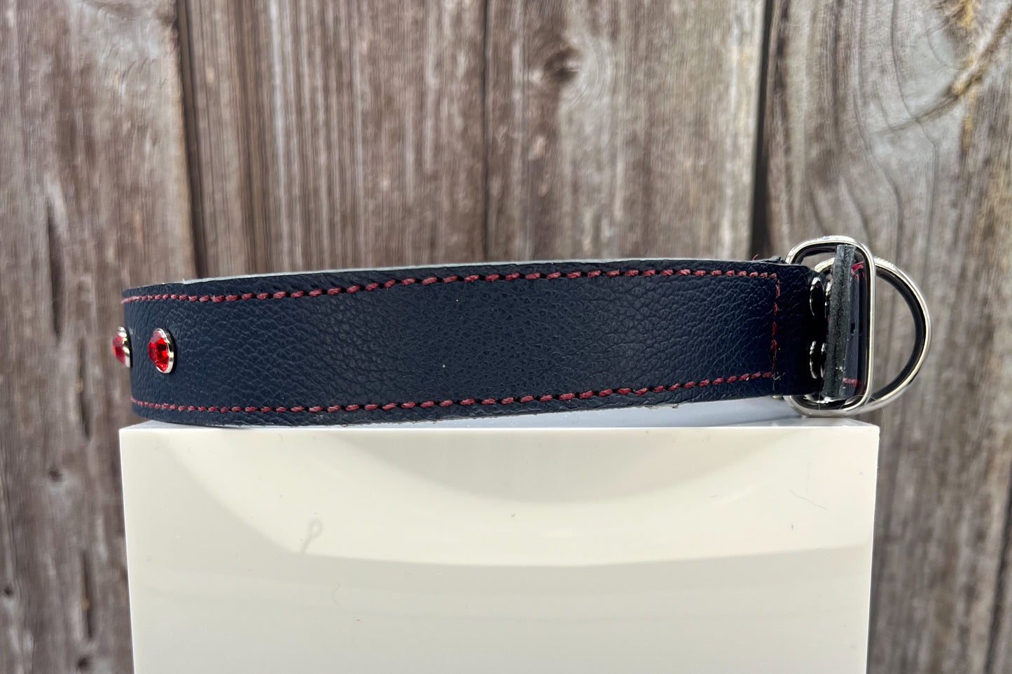 Large Navy Blue Leather Collar with Red Gem rivets