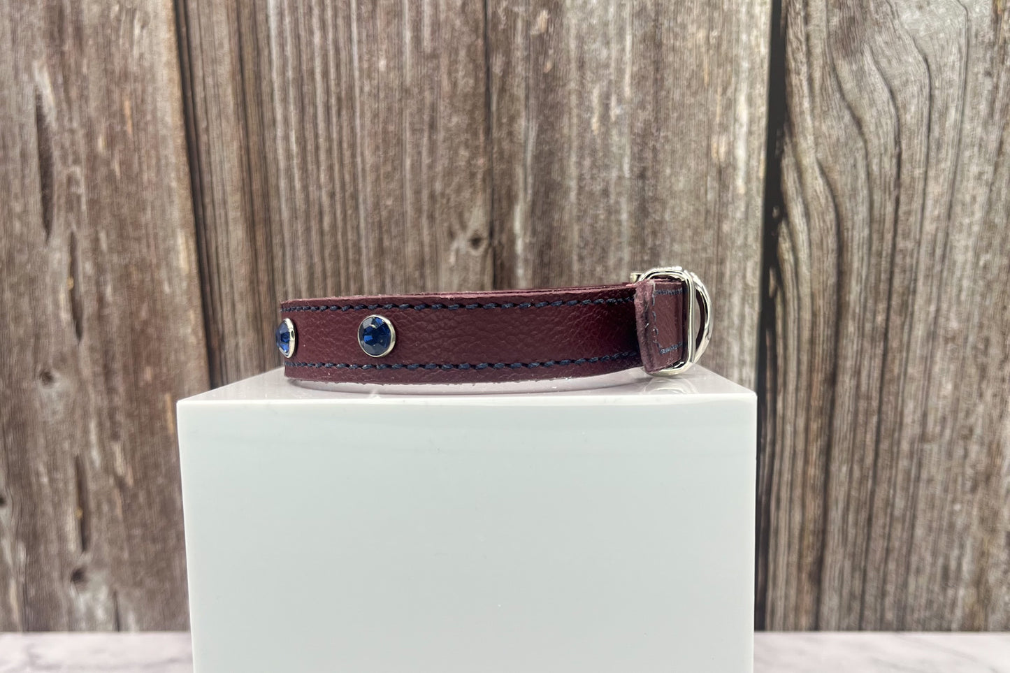 Red Leather Collar with Midnight Blue Gem Rivets