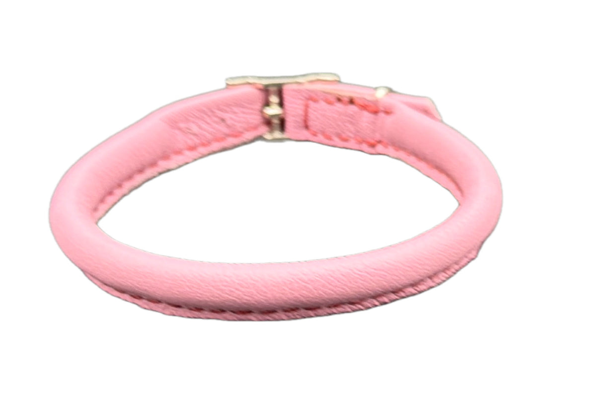 Thick Pink Leather Rolled Collar with Dark Red Stitching
