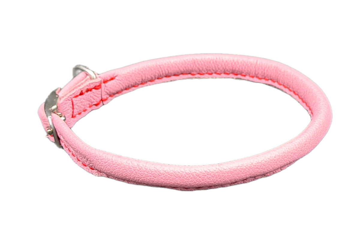 Thick Pink Leather Rolled Collar with Red Stitching