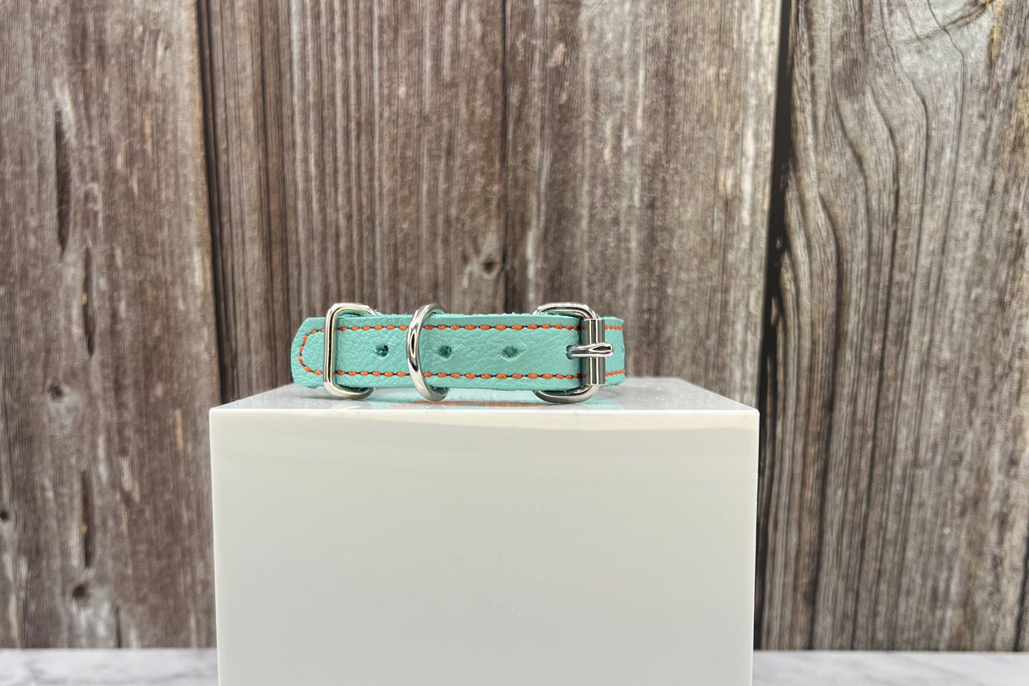 Aqua Green Leather Collar with Clear gem rivets