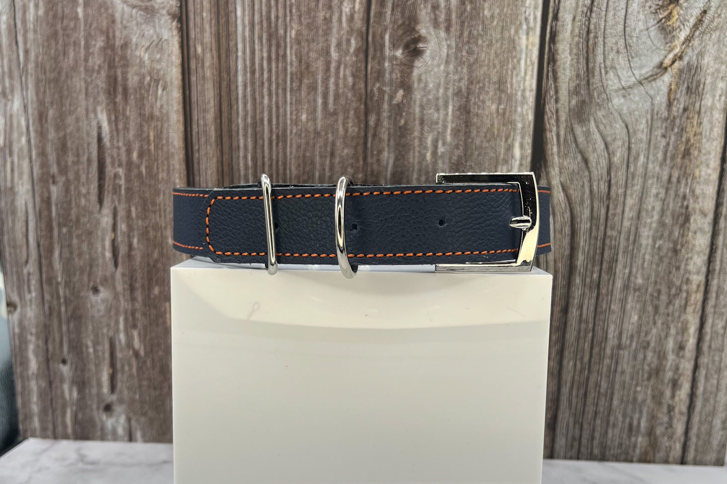 Large Navy Blue Leather Collar with Clear Gem rivets and Orange Stitching
