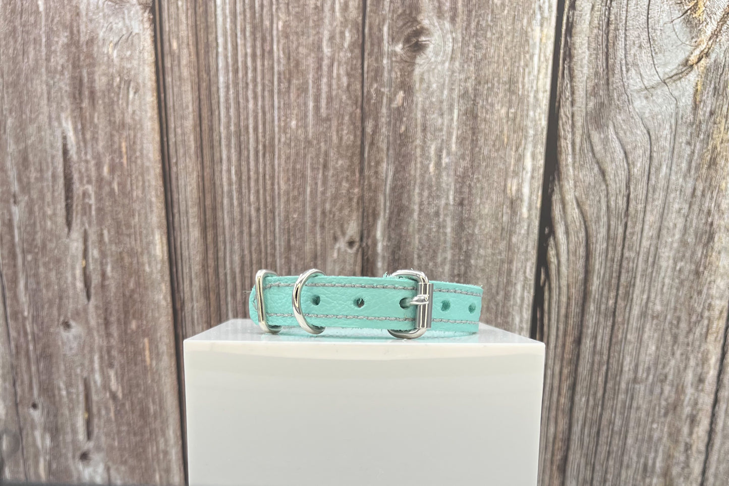 Aqua Green Leather Collar with Hot Pink gem rivets