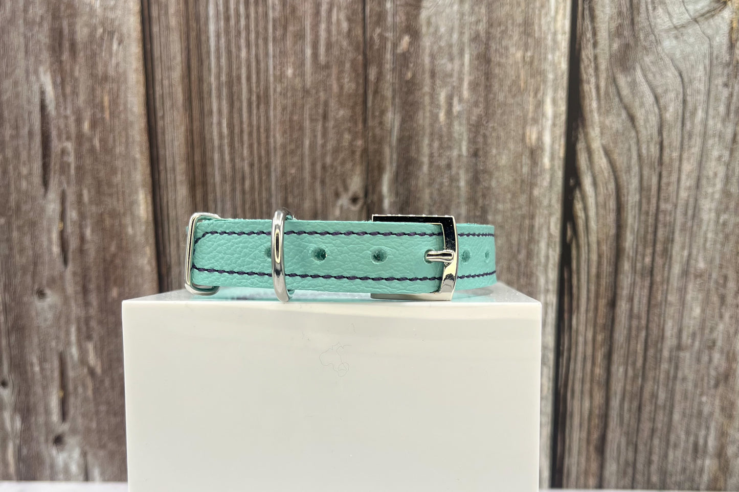Aqua Green Leather Collar with Midnight Blue Gem Rivets