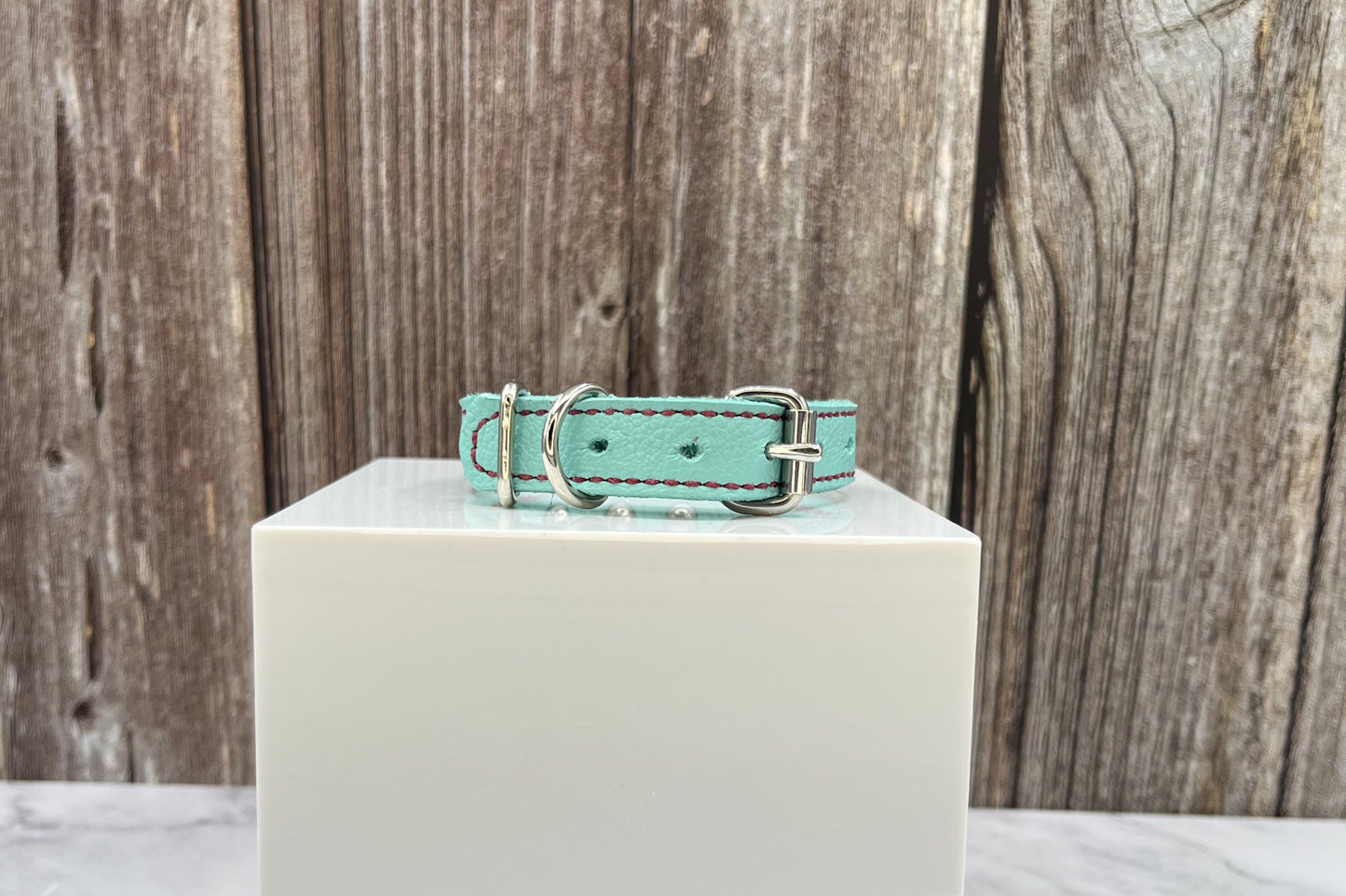 Aqua Green Leather Collar with Red gem rivets
