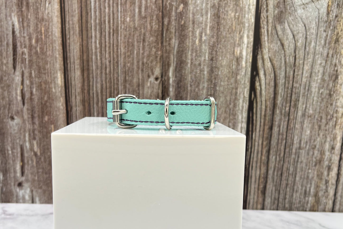 Extra Small Aqua Green Leather Collar with Violet gem rivets