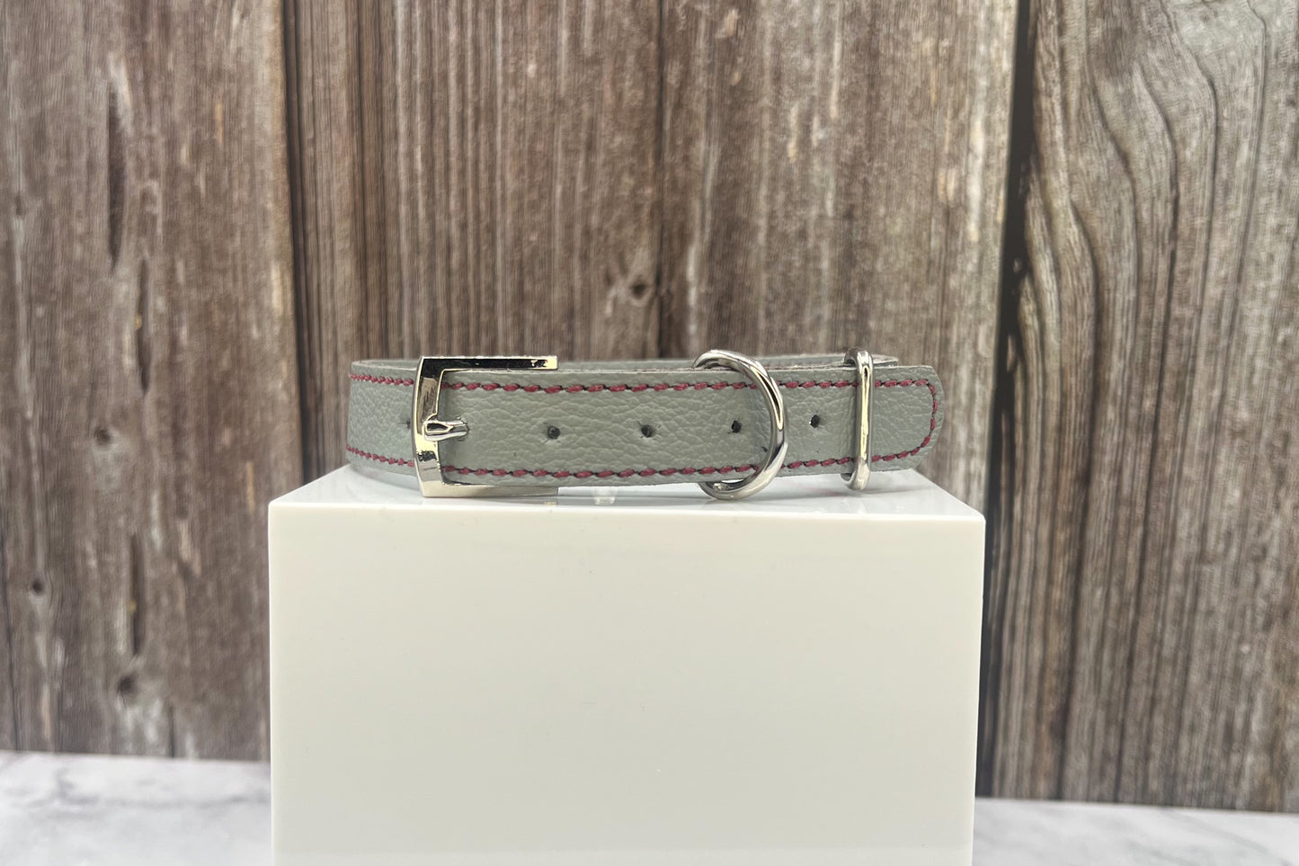 Grey Leather Collar wtih Red Gem Rivets