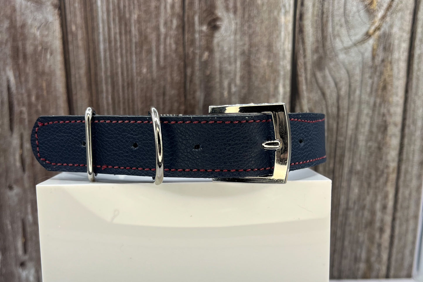 Large Navy Blue Leather Collar with Red Gem rivets