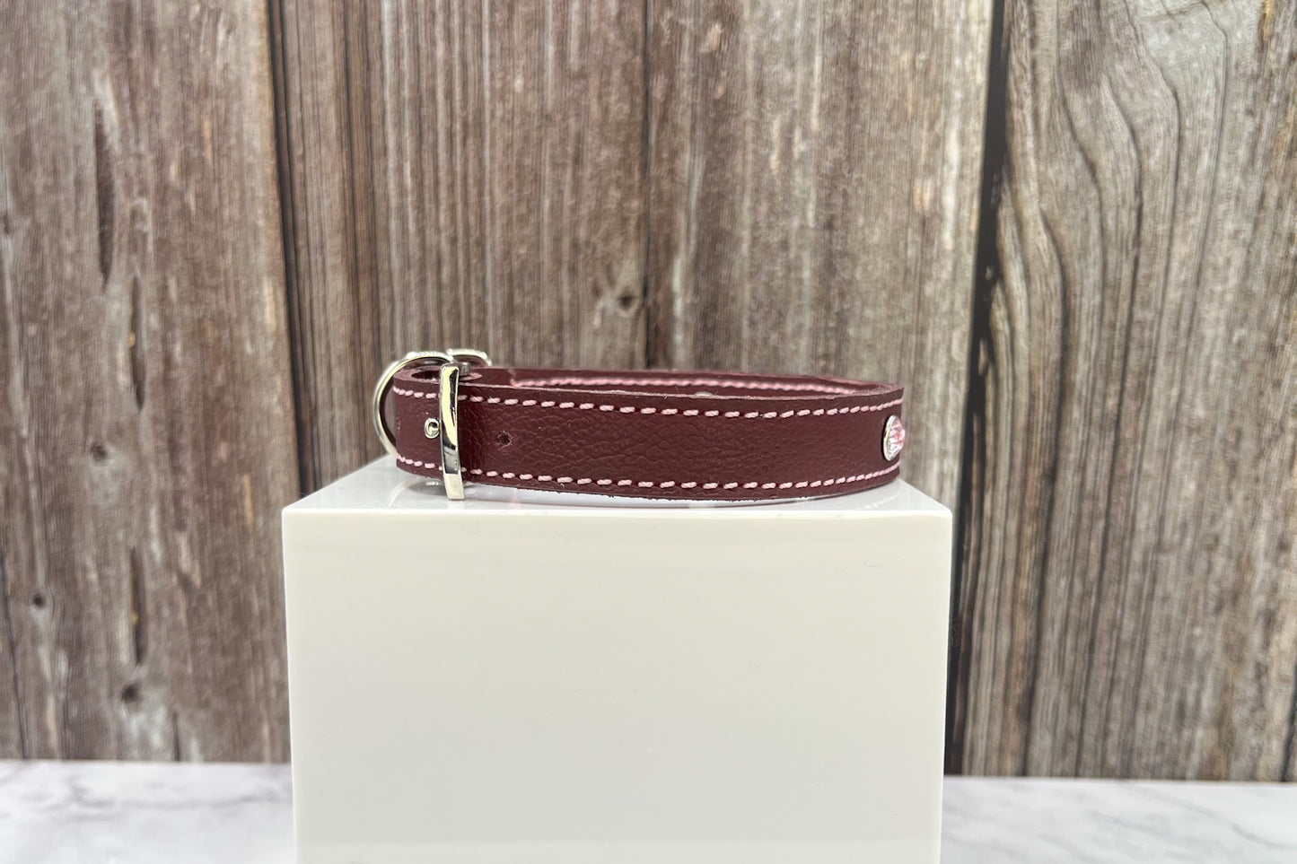 Small Red Leather Collar with Light Pink Gem Rivets