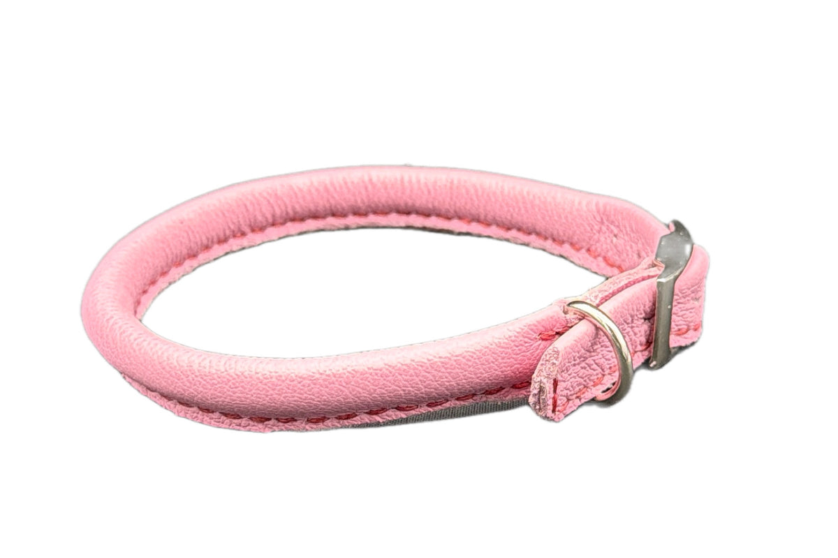 Thick Pink Leather Rolled Collar with Dark Red Stitching