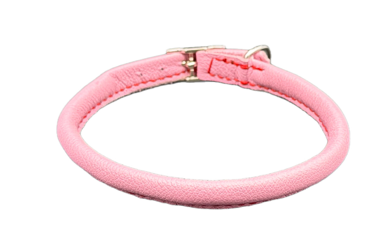 Thick Pink Leather Rolled Collar with Red Stitching