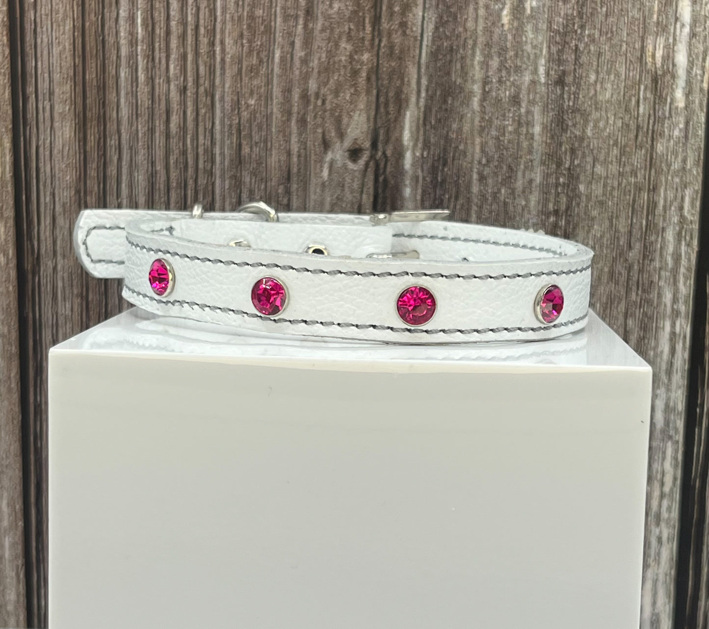 White Leather Collar with Hot Pink Rivets