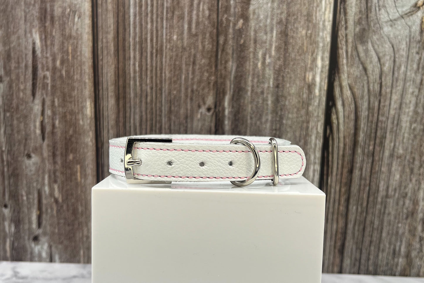 White Leather Collar with Light Pink Gem Rivets