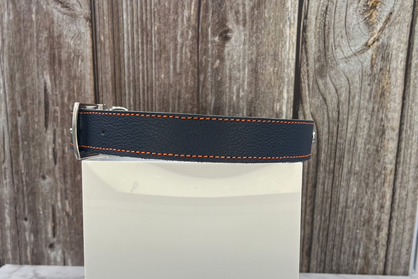 Large Navy Blue Leather Collar with Clear Gem rivets and Orange Stitching