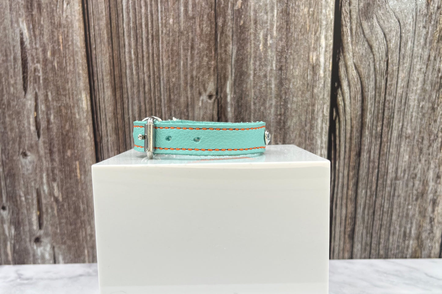 Aqua Green Leather Collar with Clear gem rivets